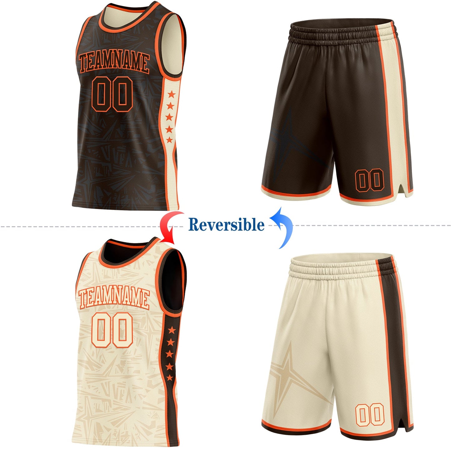 Custom Brown Orange-Cream Side Panel Stripe Stars Geometric Shatter Starburst Reversible Double Side Sublimation Basketball Set Jersey view 2
