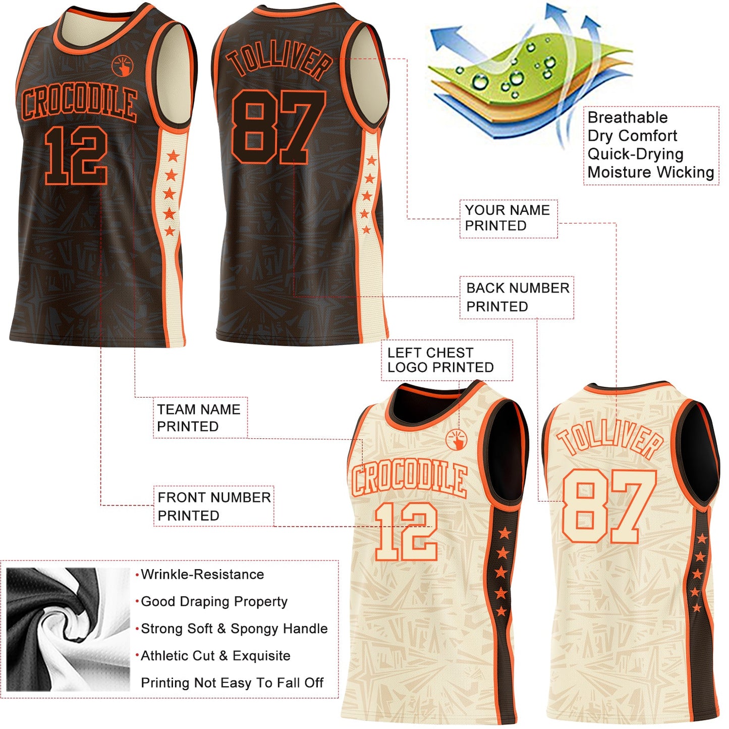 Custom Brown Orange-Cream Side Panel Stripe Stars Geometric Shatter Starburst Reversible Double Side Sublimation Basketball Set Jersey view 3