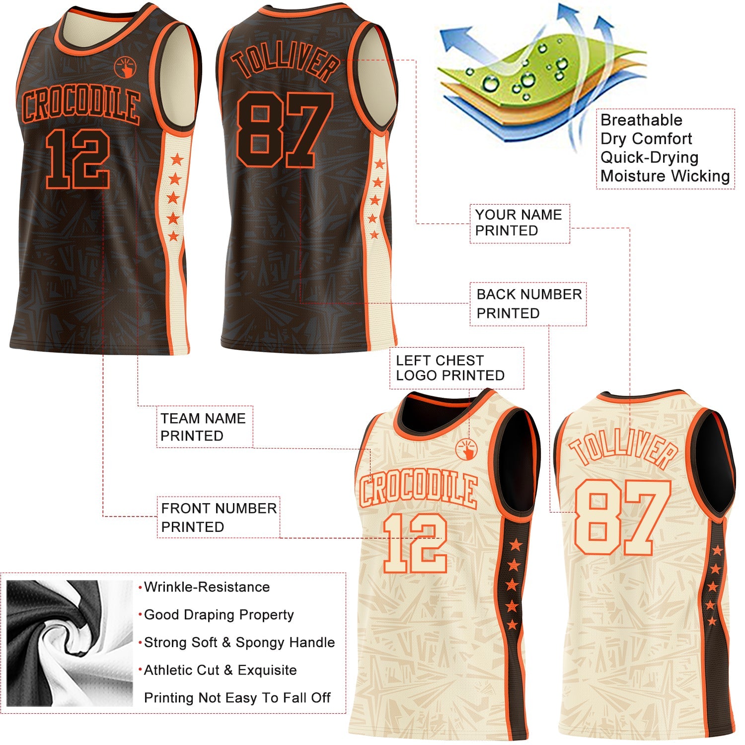 Custom Brown Orange-Cream Side Panel Stripe Stars Geometric Shatter Starburst Reversible Double Side Sublimation Basketball Set Jersey view 3
