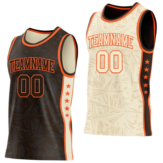 Custom Brown Orange-Cream Side Panel Stripe Stars Geometric Shatter Starburst Reversible Double Side Sublimation Basketball Set Jersey - Main View