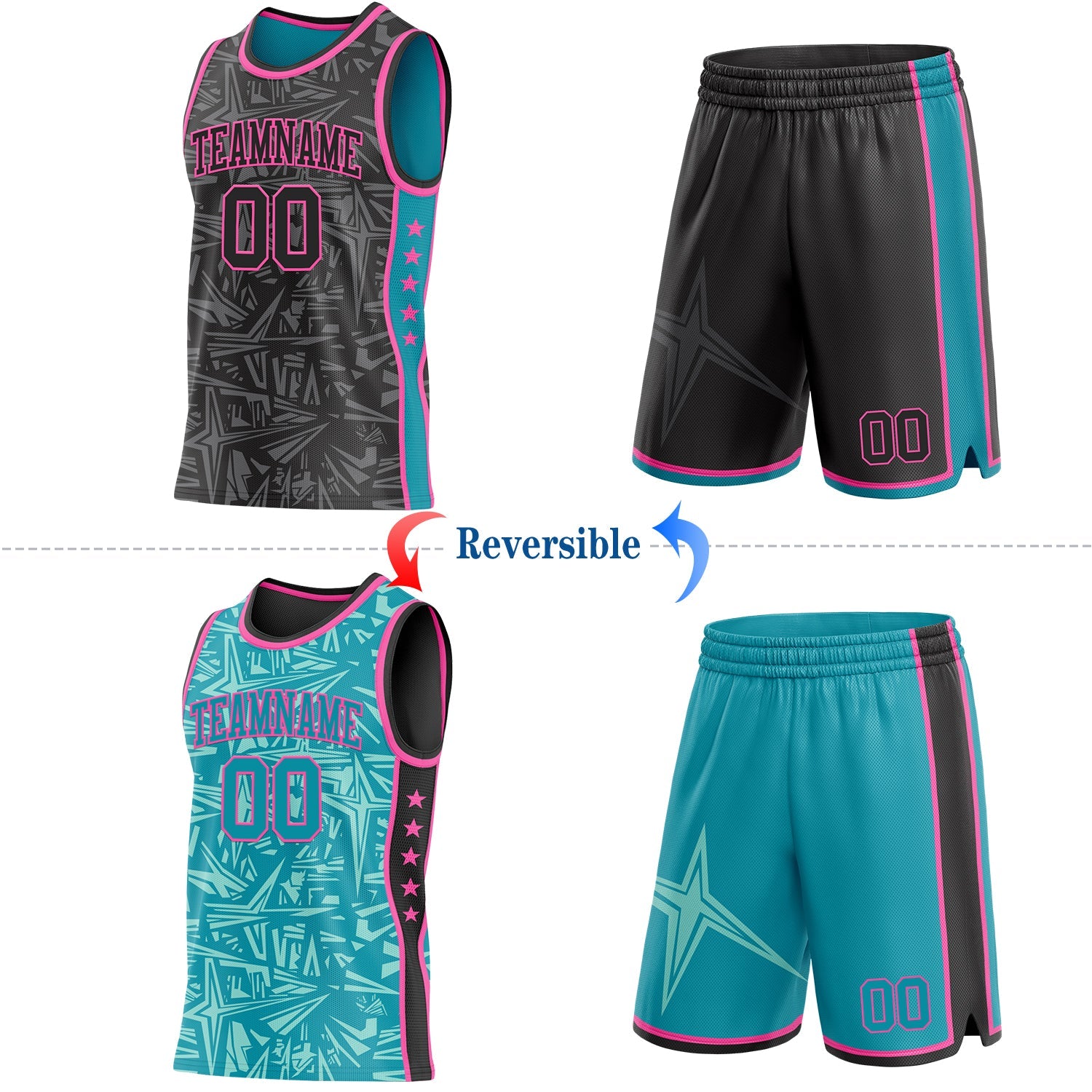 Custom Black Pink-Teal Side Panel Stripe Stars Geometric Shatter Starburst Reversible Double Side Sublimation Basketball Set Jersey view 2