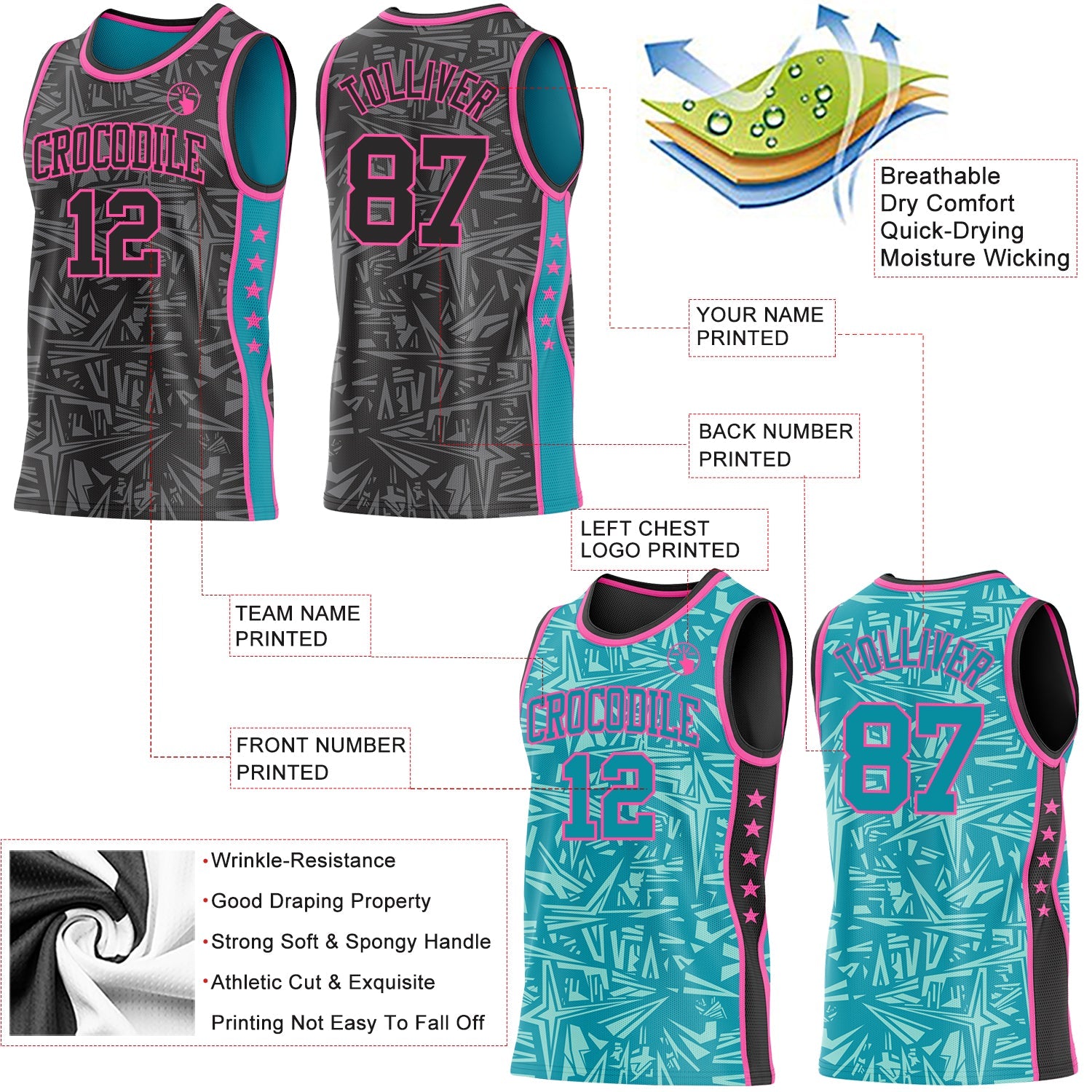 Custom Black Pink-Teal Side Panel Stripe Stars Geometric Shatter Starburst Reversible Double Side Sublimation Basketball Set Jersey view 3