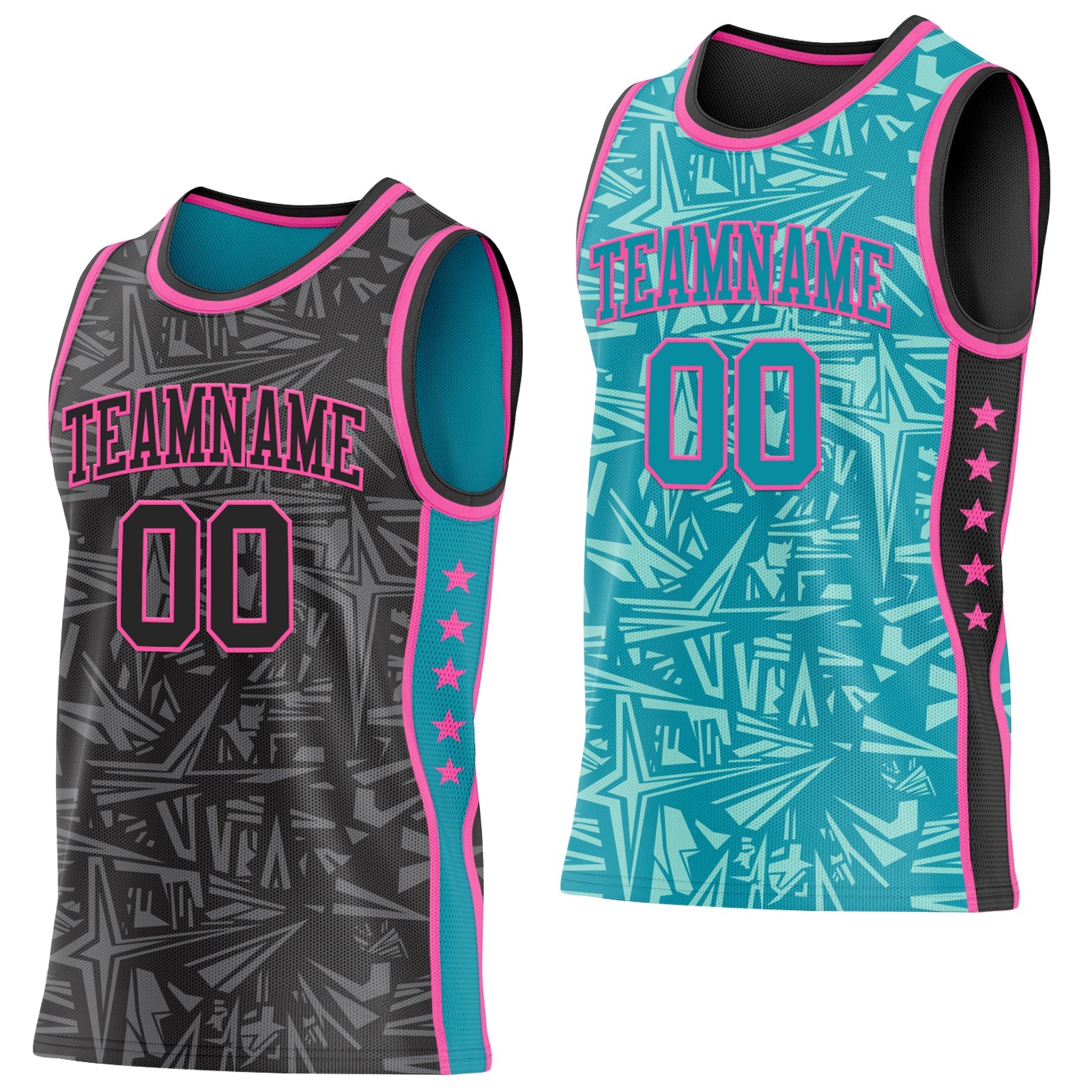 Custom Black Pink-Teal Side Panel Stripe Stars Geometric Shatter Starburst Reversible Double Side Sublimation Basketball Set Jersey - Main View