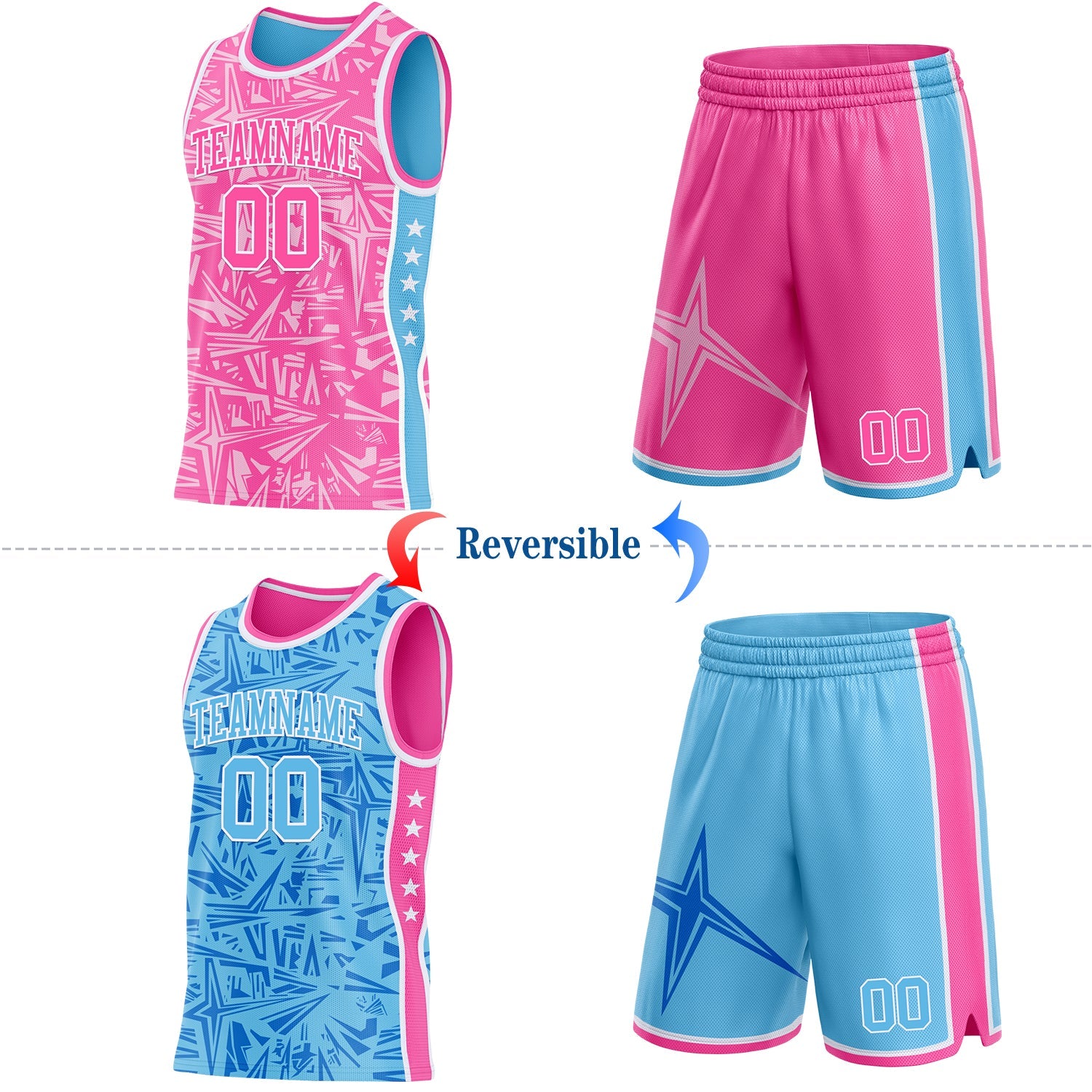 Custom Pink White-Sky Blue Side Panel Stripe Stars Geometric Shatter Starburst Reversible Double Side Sublimation Basketball Set Jersey view 2