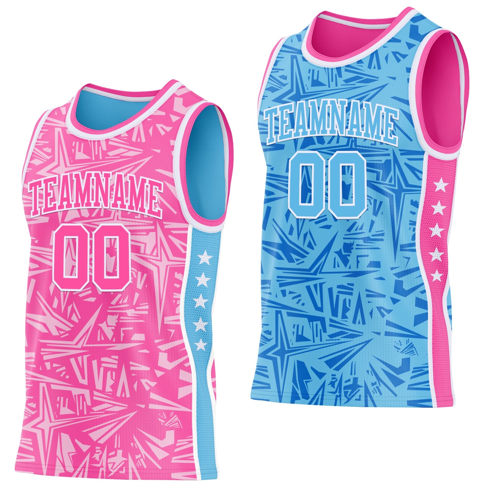 Custom Pink White-Sky Blue Side Panel Stripe Stars Geometric Shatter Starburst Reversible Double Side Sublimation Basketball Set Jersey - Main View