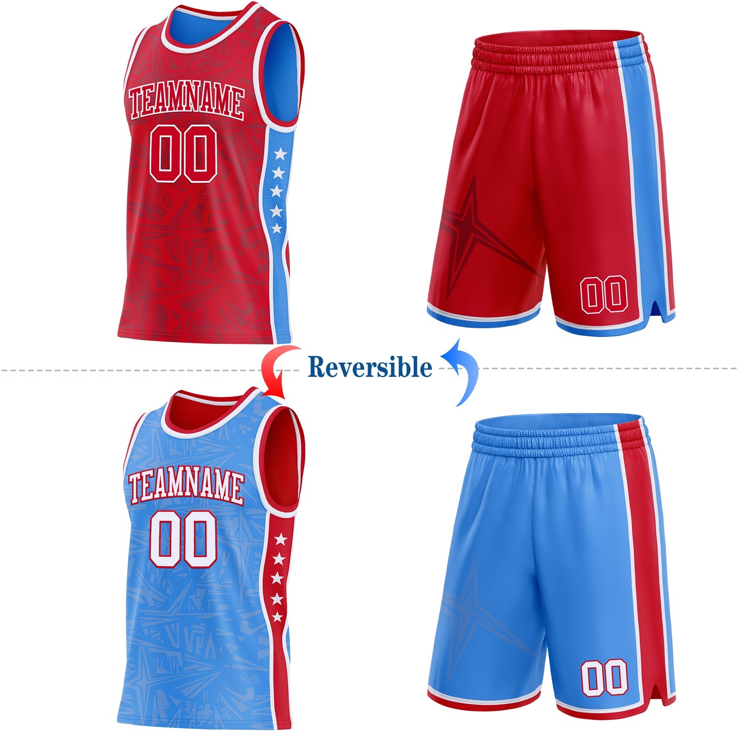 Custom Red White-Powder Blue Side Panel Stripe Stars Geometric Shatter Starburst Reversible Double Side Sublimation Basketball Set Jersey view 2