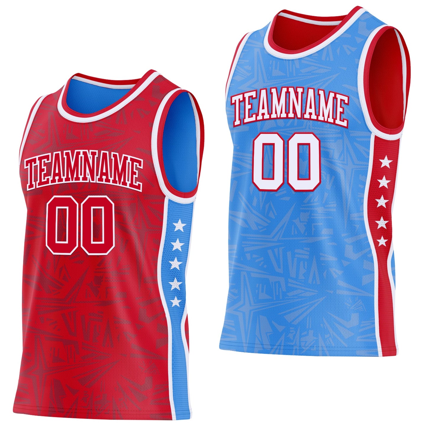Custom Red White-Powder Blue Side Panel Stripe Stars Geometric Shatter Starburst Reversible Double Side Sublimation Basketball Set Jersey - Main View