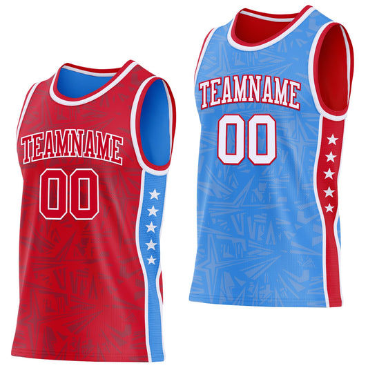 Custom Red White-Powder Blue Side Panel Stripe Stars Geometric Shatter Starburst Reversible Double Side Sublimation Basketball Set Jersey - Main View