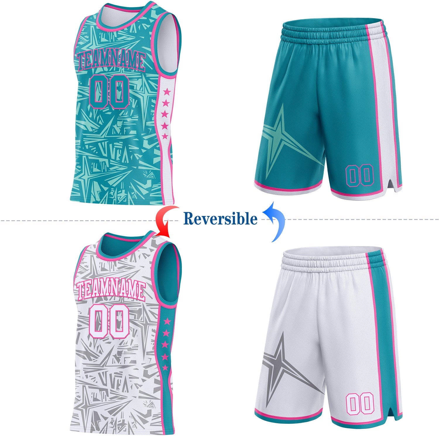 Custom Teal Pink-White Side Panel Stripe Stars Geometric Shatter Starburst Reversible Double Side Sublimation Basketball Set Jersey view 2