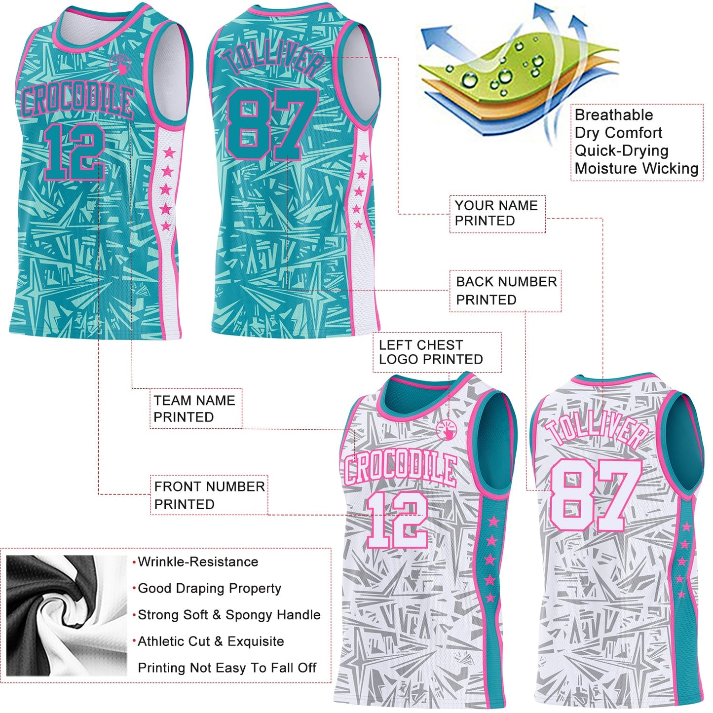 Custom Teal Pink-White Side Panel Stripe Stars Geometric Shatter Starburst Reversible Double Side Sublimation Basketball Set Jersey view 3