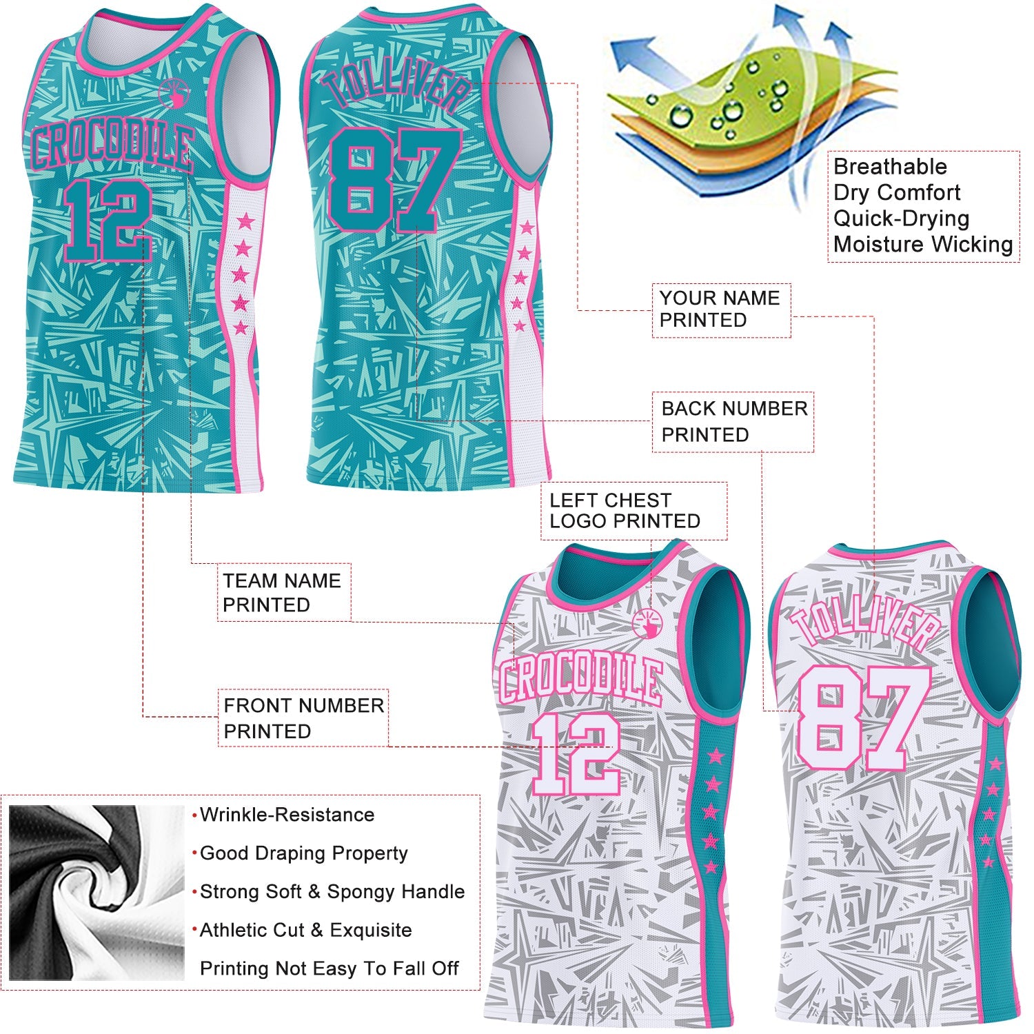 Custom Teal Pink-White Side Panel Stripe Stars Geometric Shatter Starburst Reversible Double Side Sublimation Basketball Set Jersey view 3