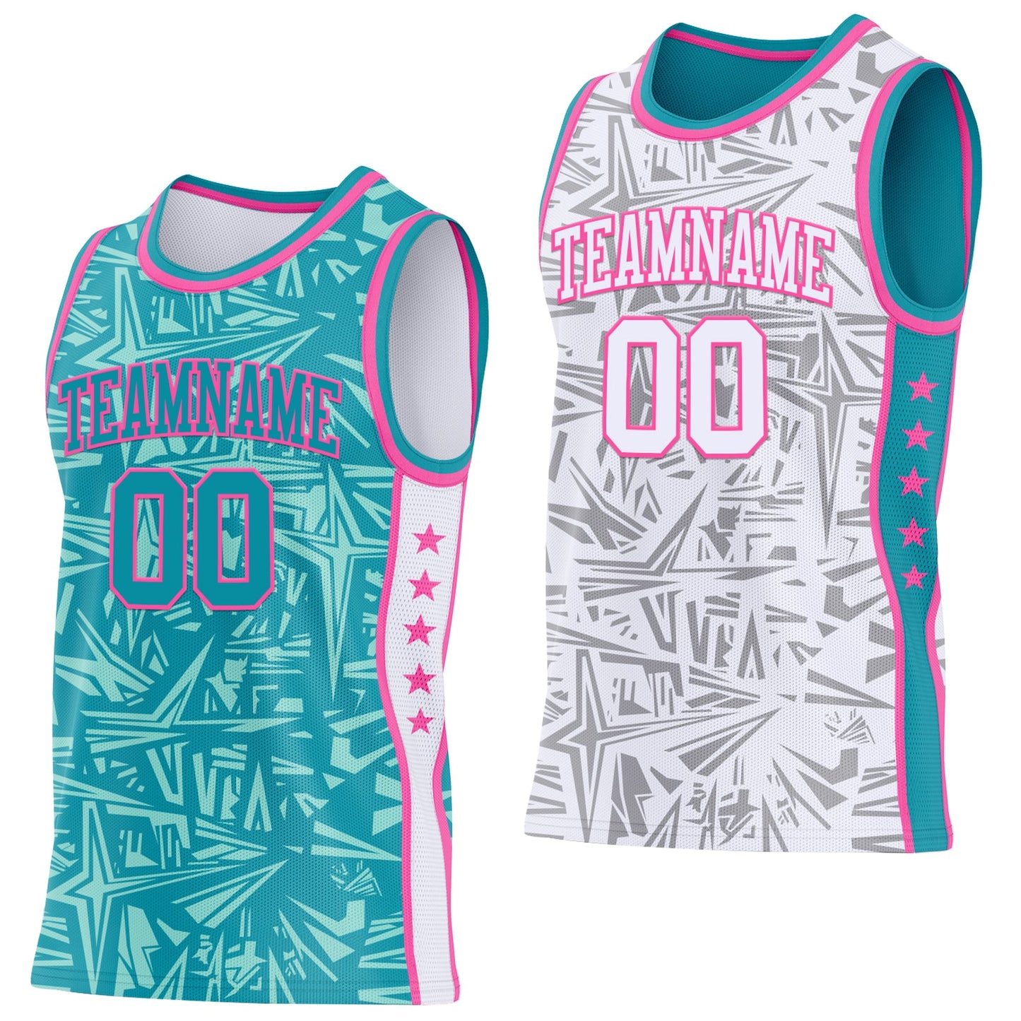 Custom Teal Pink-White Side Panel Stripe Stars Geometric Shatter Starburst Reversible Double Side Sublimation Basketball Set Jersey - Main View
