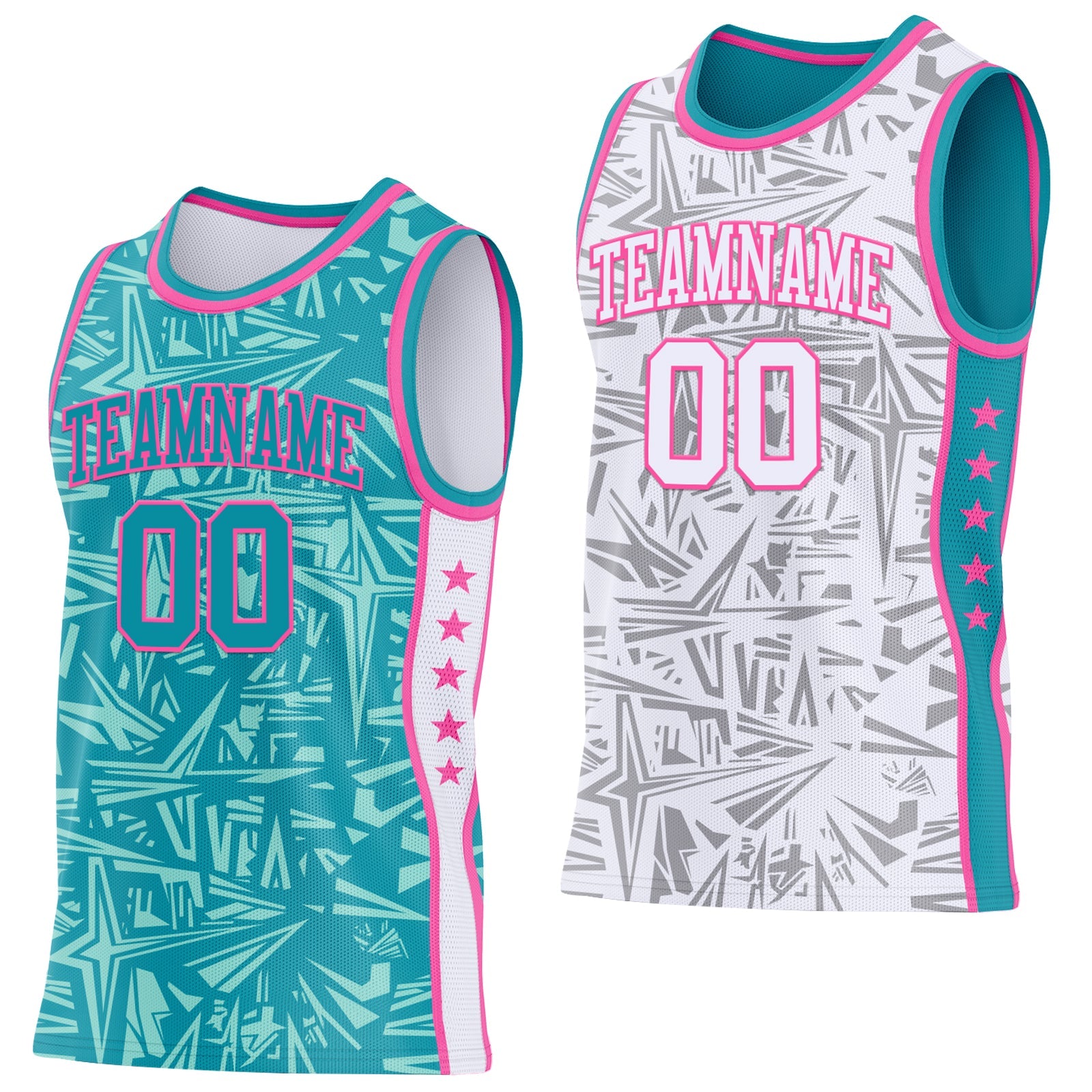 Custom Teal Pink-White Side Panel Stripe Stars Geometric Shatter Starburst Reversible Double Side Sublimation Basketball Set Jersey - Main View