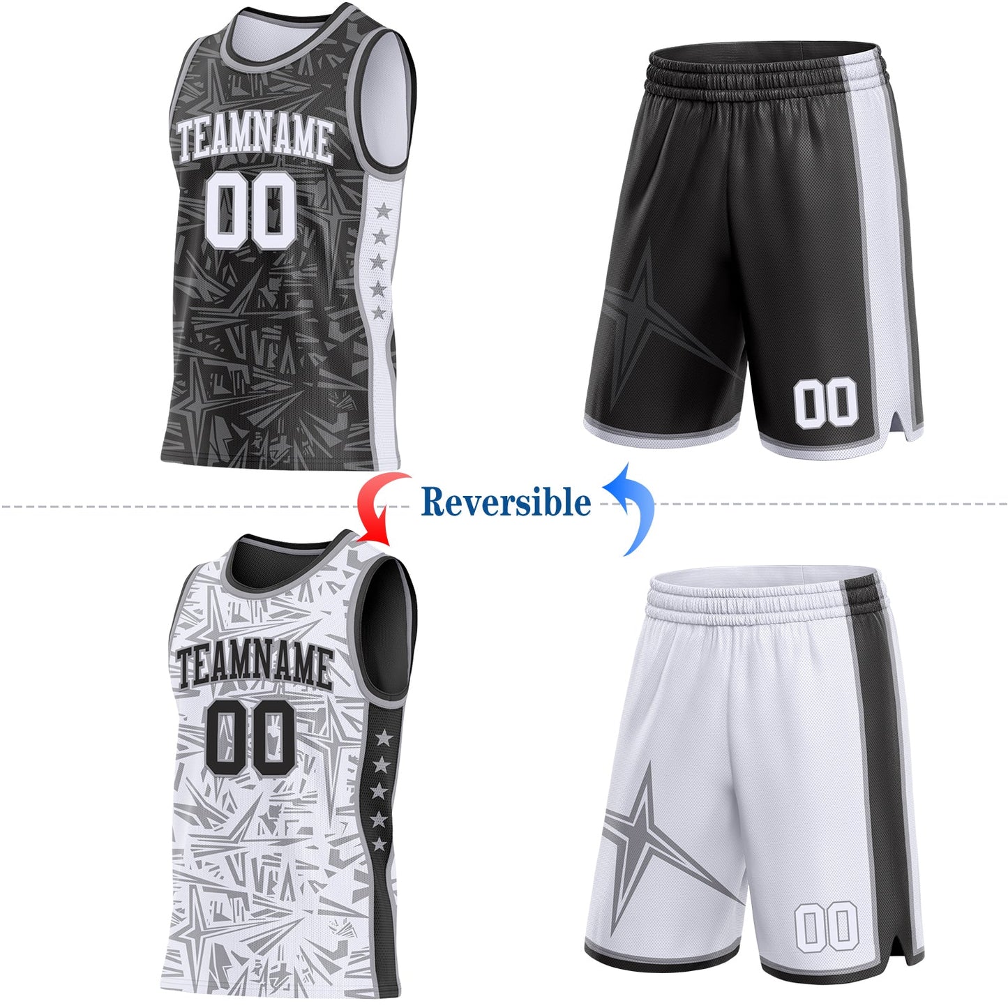 Custom Black White-Gray Side Panel Stripe Stars Geometric Shatter Starburst Reversible Double Side Sublimation Basketball Set Jersey view 2