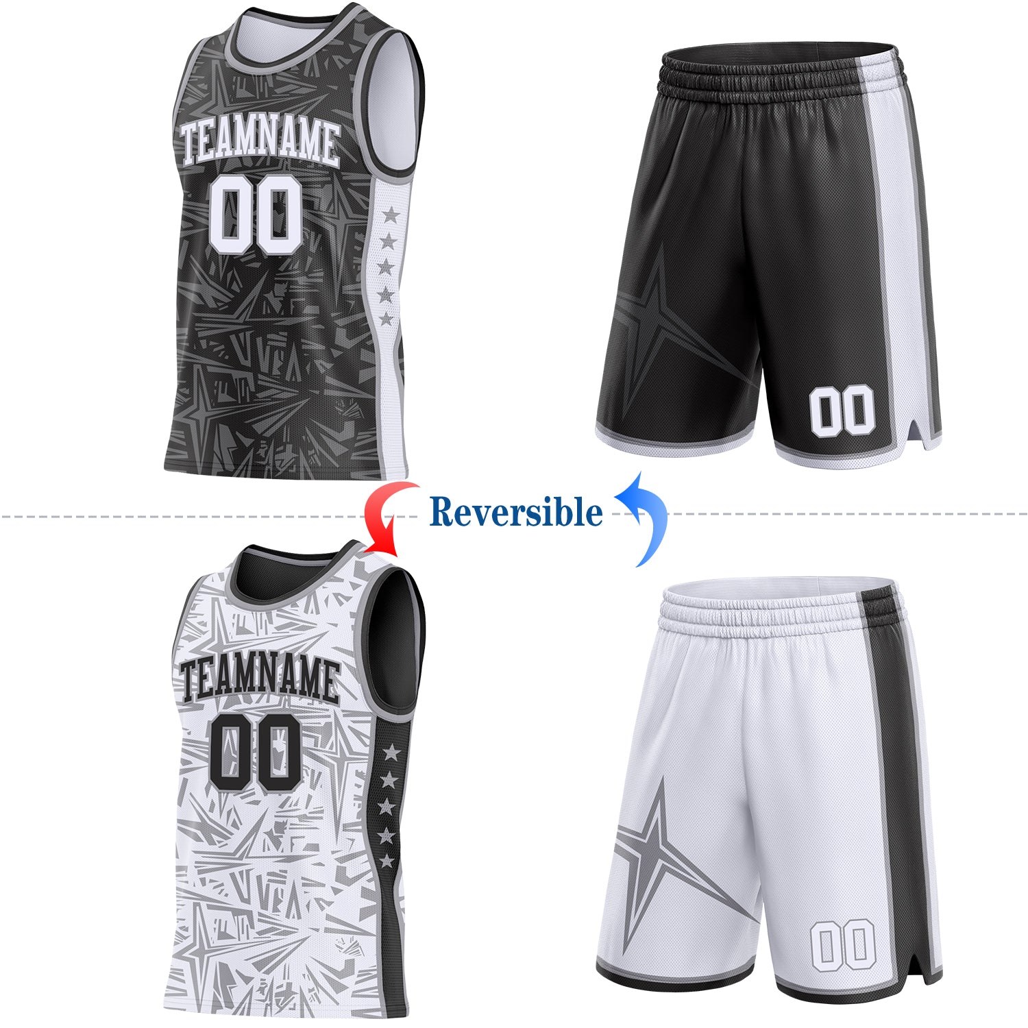Custom Black White-Gray Side Panel Stripe Stars Geometric Shatter Starburst Reversible Double Side Sublimation Basketball Set Jersey view 2