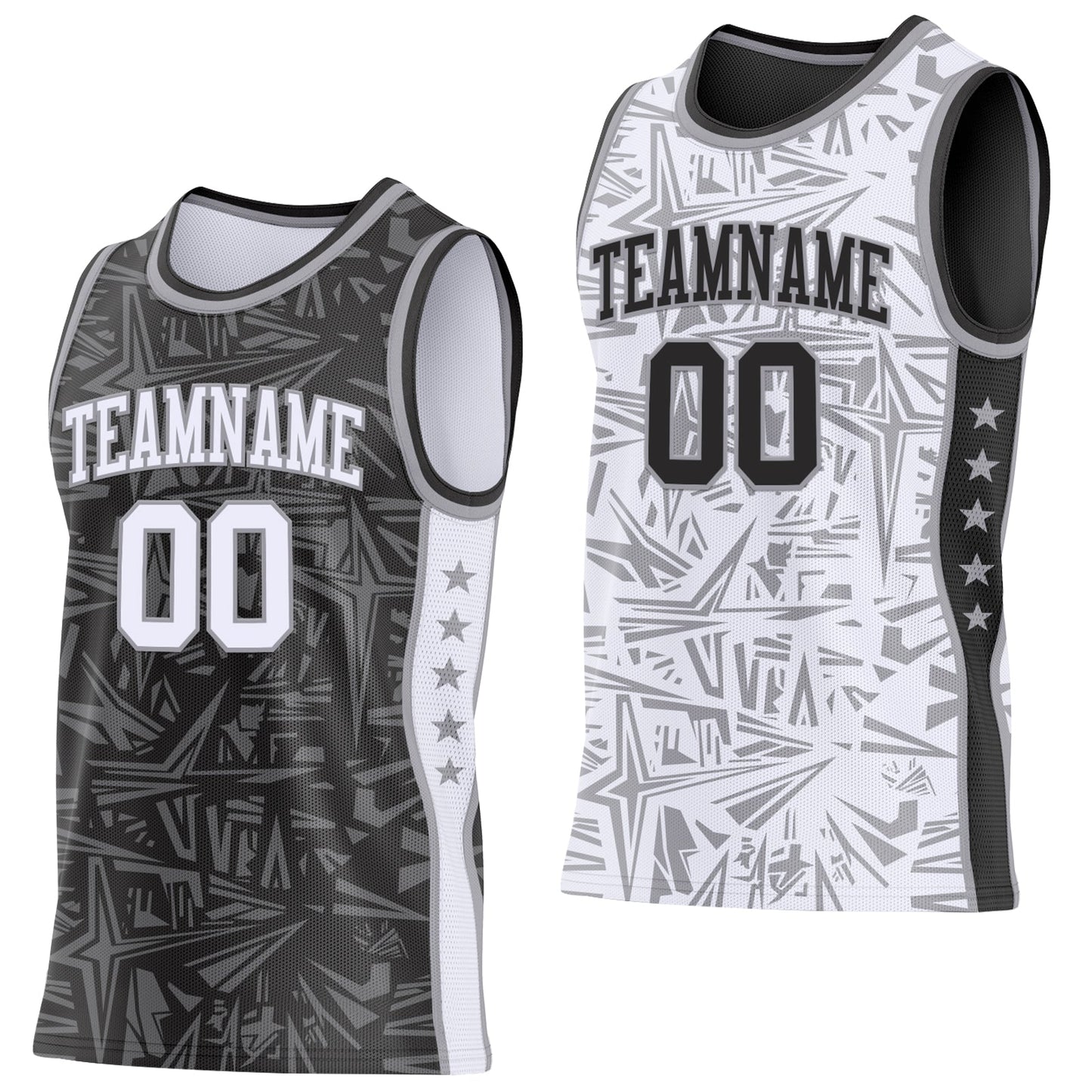 Custom Black White-Gray Side Panel Stripe Stars Geometric Shatter Starburst Reversible Double Side Sublimation Basketball Set Jersey - Main View