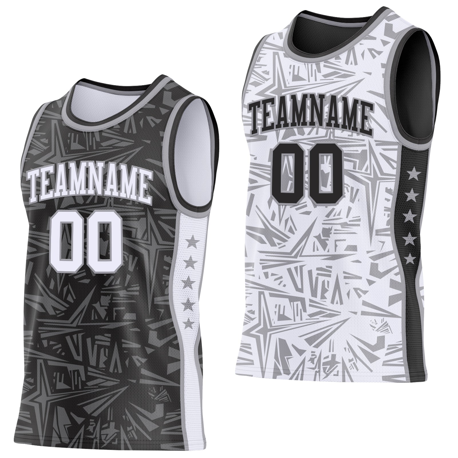 Custom Black White-Gray Side Panel Stripe Stars Geometric Shatter Starburst Reversible Double Side Sublimation Basketball Set Jersey - Main View