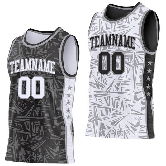 Custom Black White-Gray Side Panel Stripe Stars Geometric Shatter Starburst Reversible Double Side Sublimation Basketball Set Jersey - Main View