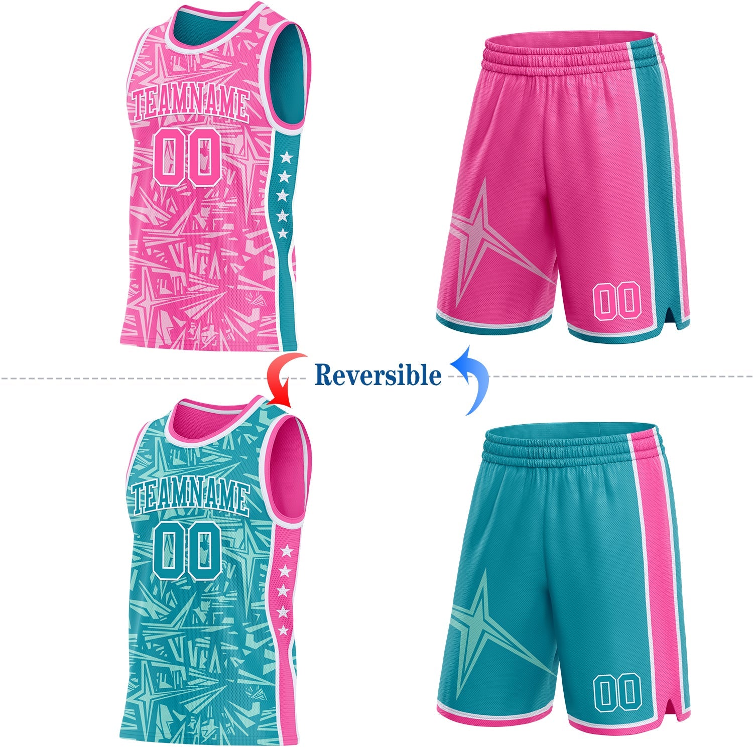 Custom Pink White-Teal Side Panel Stripe Stars Geometric Shatter Starburst Reversible Double Side Sublimation Basketball Set Jersey view 2