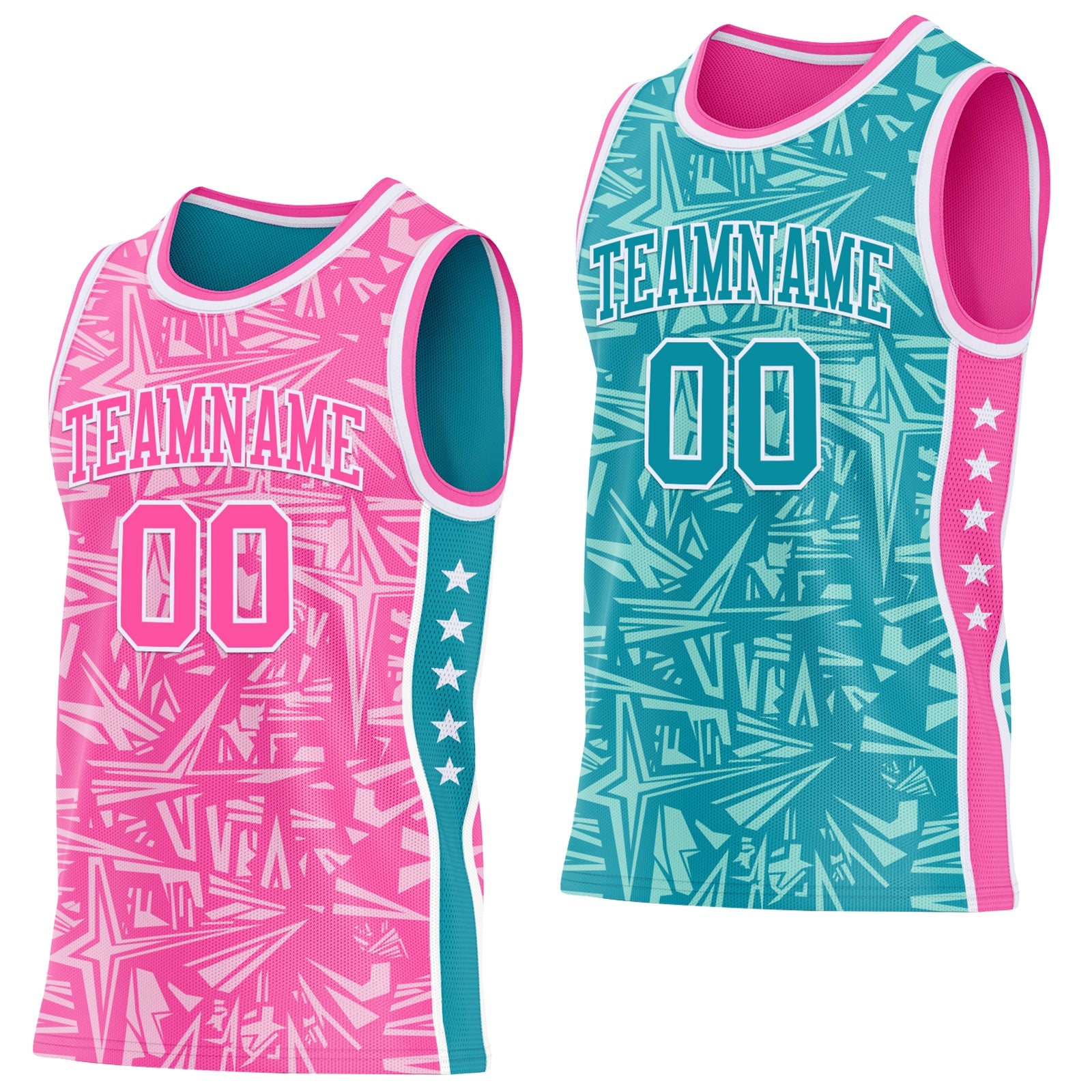 Custom Pink White-Teal Side Panel Stripe Stars Geometric Shatter Starburst Reversible Double Side Sublimation Basketball Set Jersey - Main View