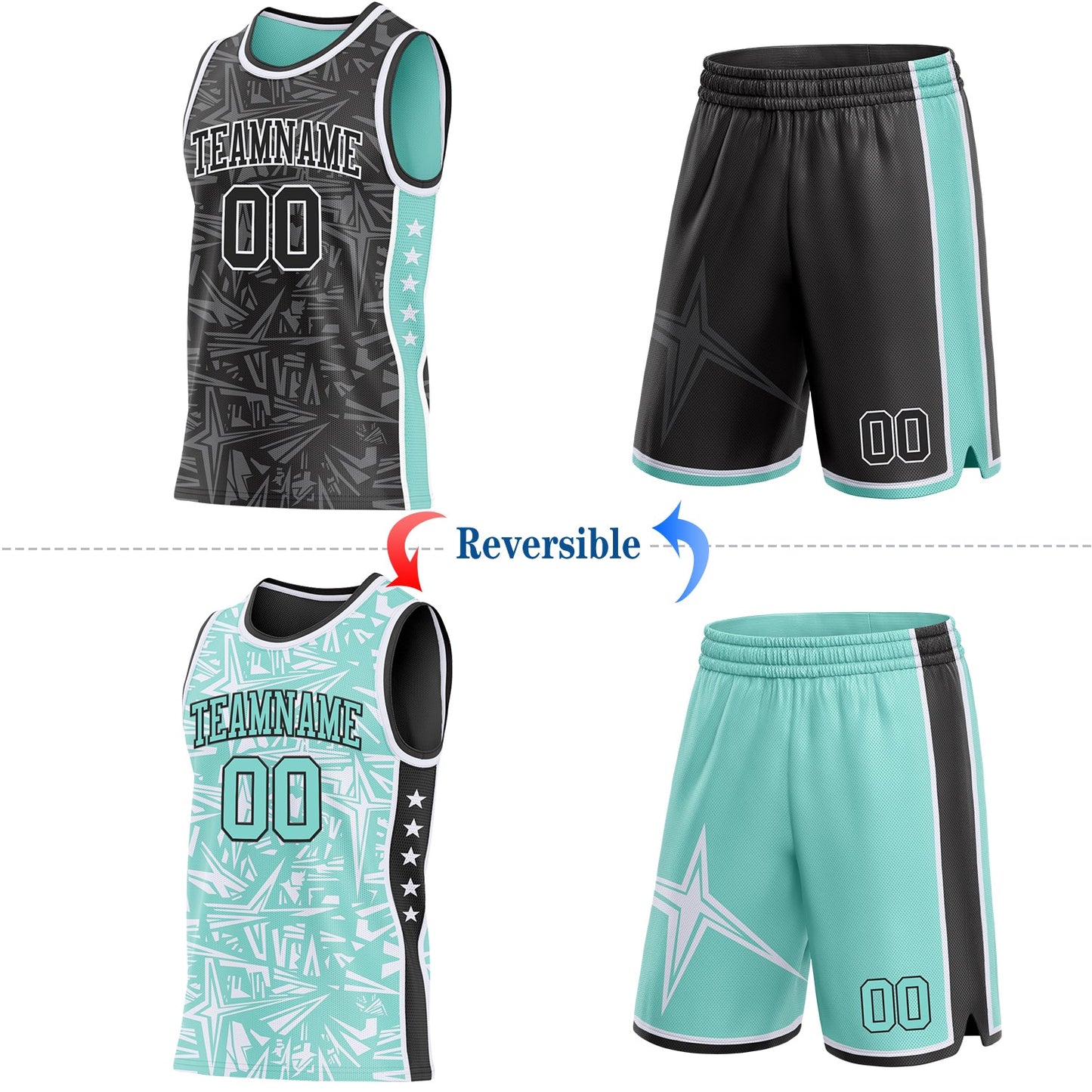 Custom Black White-Ice Blue Side Panel Stripe Stars Geometric Shatter Starburst Reversible Double Side Sublimation Basketball Set Jersey view 2