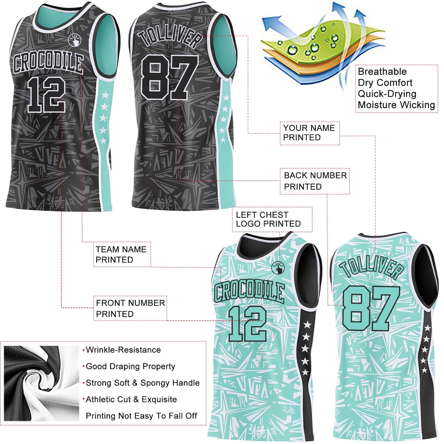 Custom Black White-Ice Blue Side Panel Stripe Stars Geometric Shatter Starburst Reversible Double Side Sublimation Basketball Set Jersey view 3