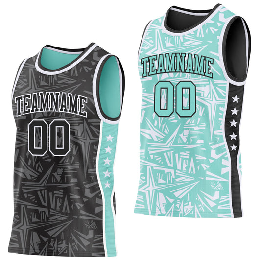 Custom Black White-Ice Blue Side Panel Stripe Stars Geometric Shatter Starburst Reversible Double Side Sublimation Basketball Set Jersey - Main View