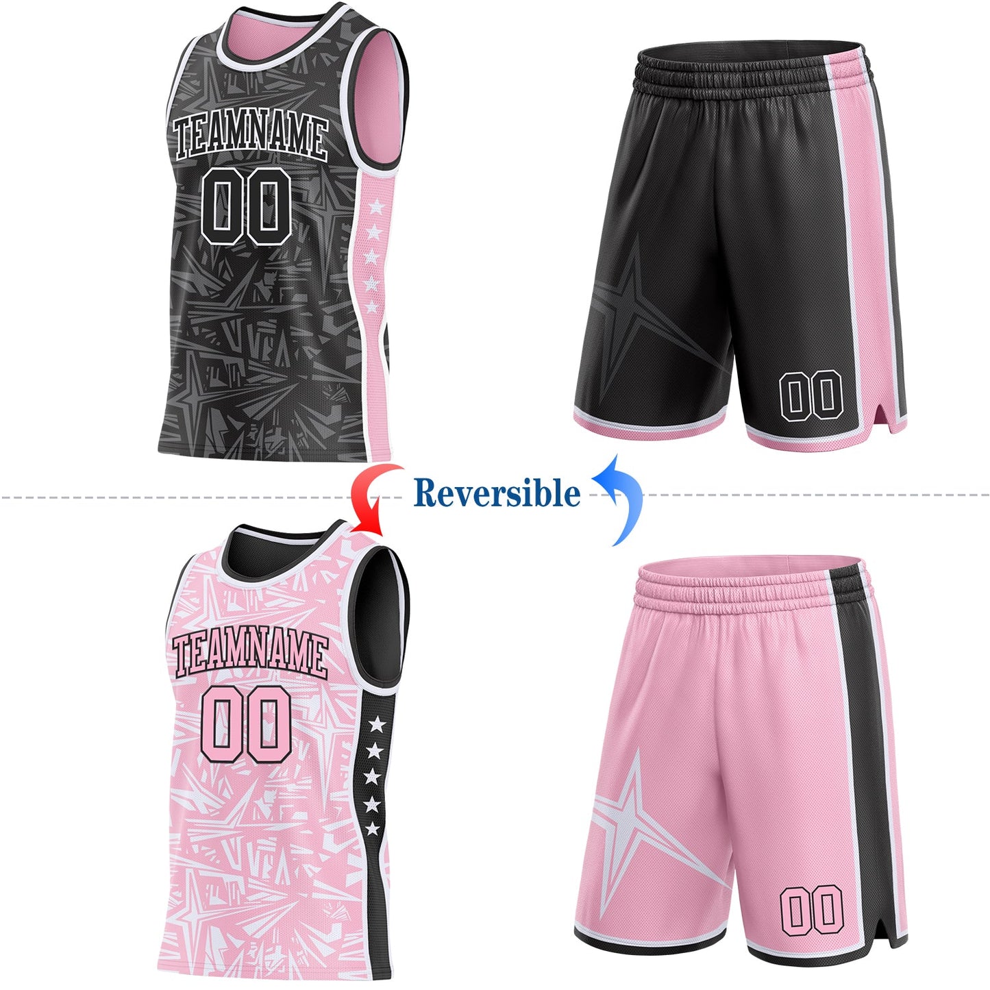 Custom Black White-Light Pink Side Panel Stripe Stars Geometric Shatter Starburst Reversible Double Side Sublimation Basketball Set Jersey view 2