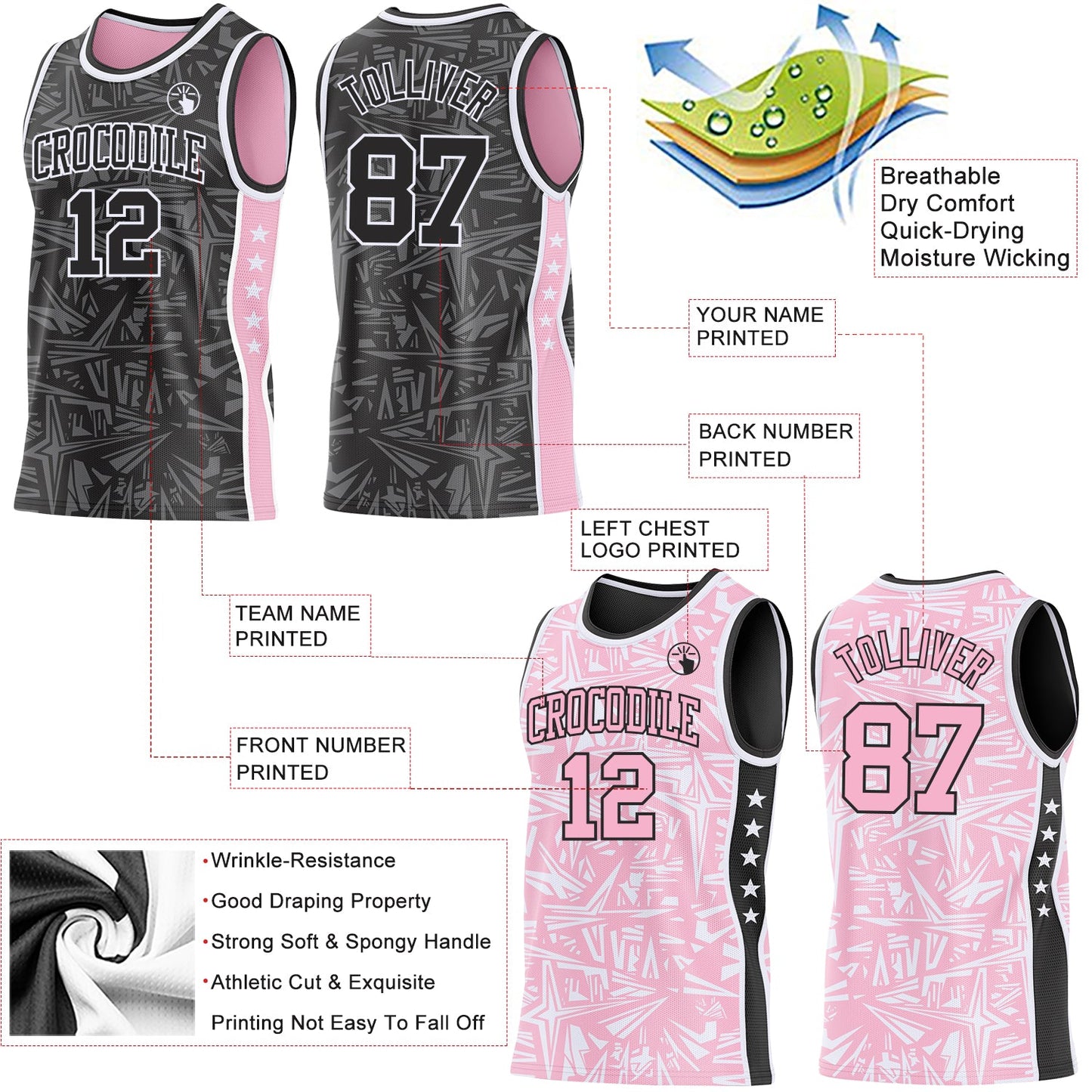 Custom Black White-Light Pink Side Panel Stripe Stars Geometric Shatter Starburst Reversible Double Side Sublimation Basketball Set Jersey view 3