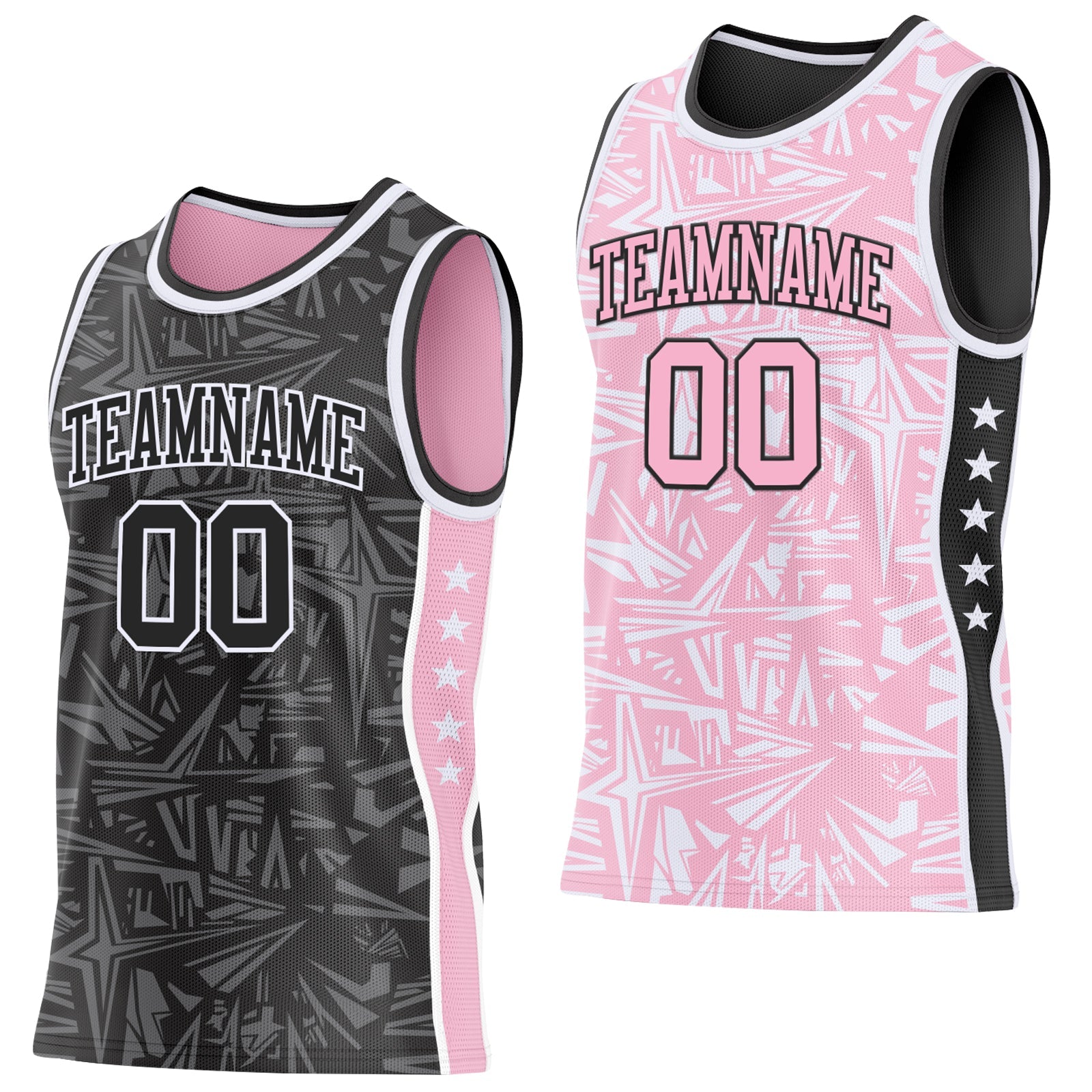 Custom Black White-Light Pink Side Panel Stripe Stars Geometric Shatter Starburst Reversible Double Side Sublimation Basketball Set Jersey - Main View