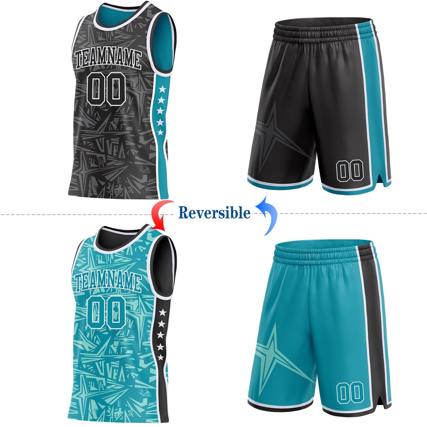 Custom Black White-Teal Side Panel Stripe Stars Geometric Shatter Starburst Reversible Double Side Sublimation Basketball Set Jersey view 2