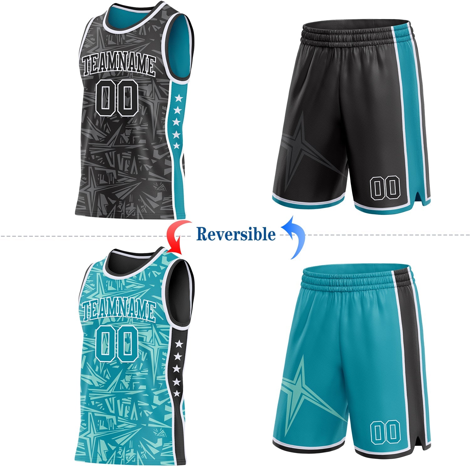 Custom Black White-Teal Side Panel Stripe Stars Geometric Shatter Starburst Reversible Double Side Sublimation Basketball Set Jersey view 2