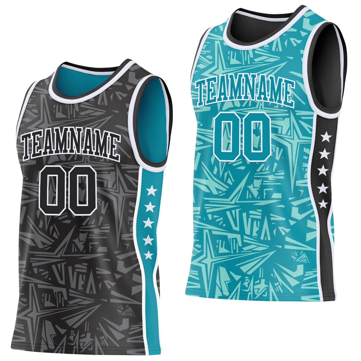 Custom Black White-Teal Side Panel Stripe Stars Geometric Shatter Starburst Reversible Double Side Sublimation Basketball Set Jersey - Main View