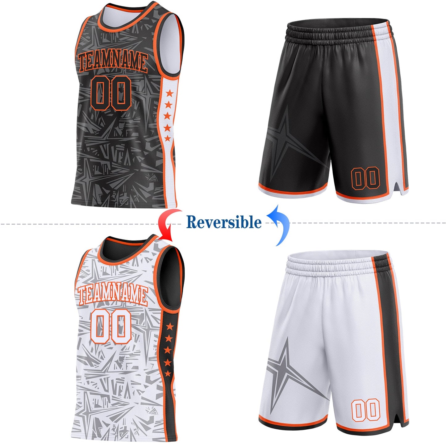 Custom Black Orange-White Side Panel Stripe Stars Geometric Shatter Starburst Reversible Double Side Sublimation Basketball Set Jersey view 2