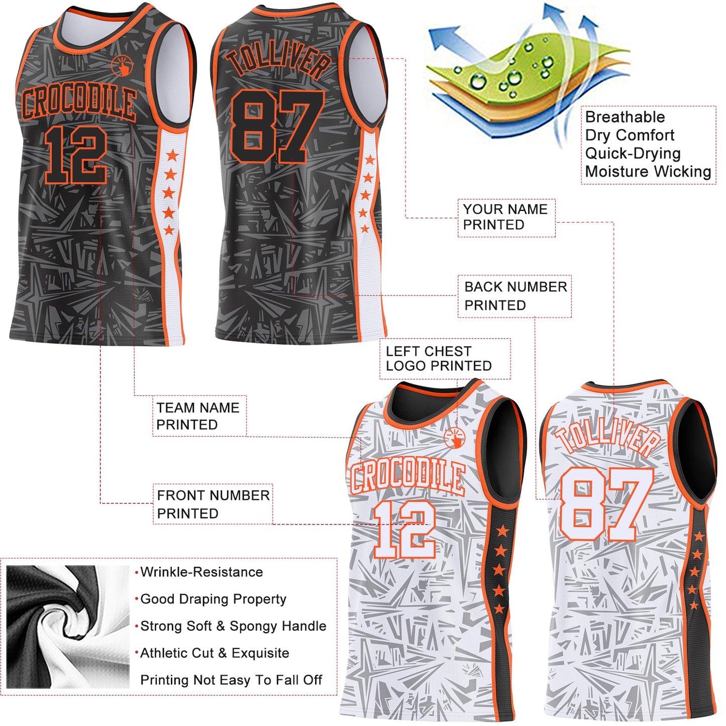 Custom Black Orange-White Side Panel Stripe Stars Geometric Shatter Starburst Reversible Double Side Sublimation Basketball Set Jersey view 3