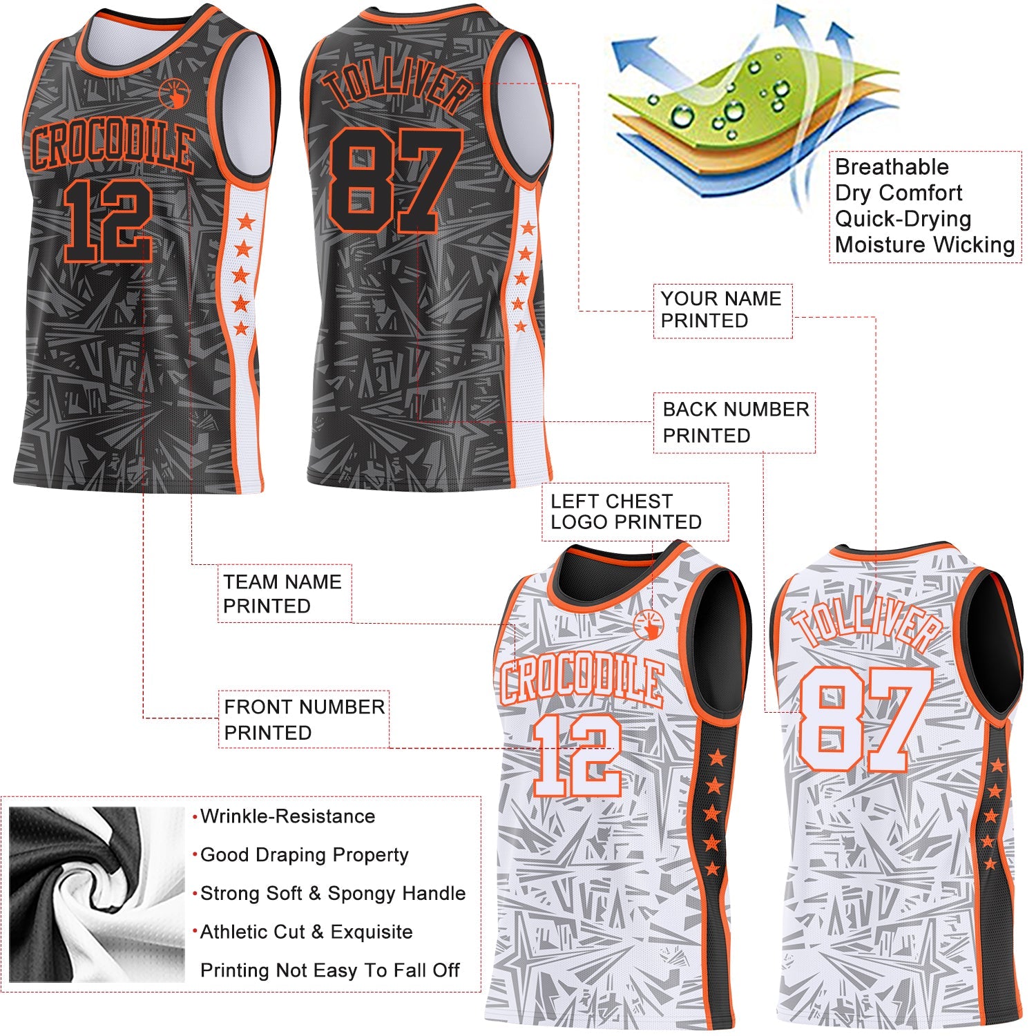 Custom Black Orange-White Side Panel Stripe Stars Geometric Shatter Starburst Reversible Double Side Sublimation Basketball Set Jersey view 3
