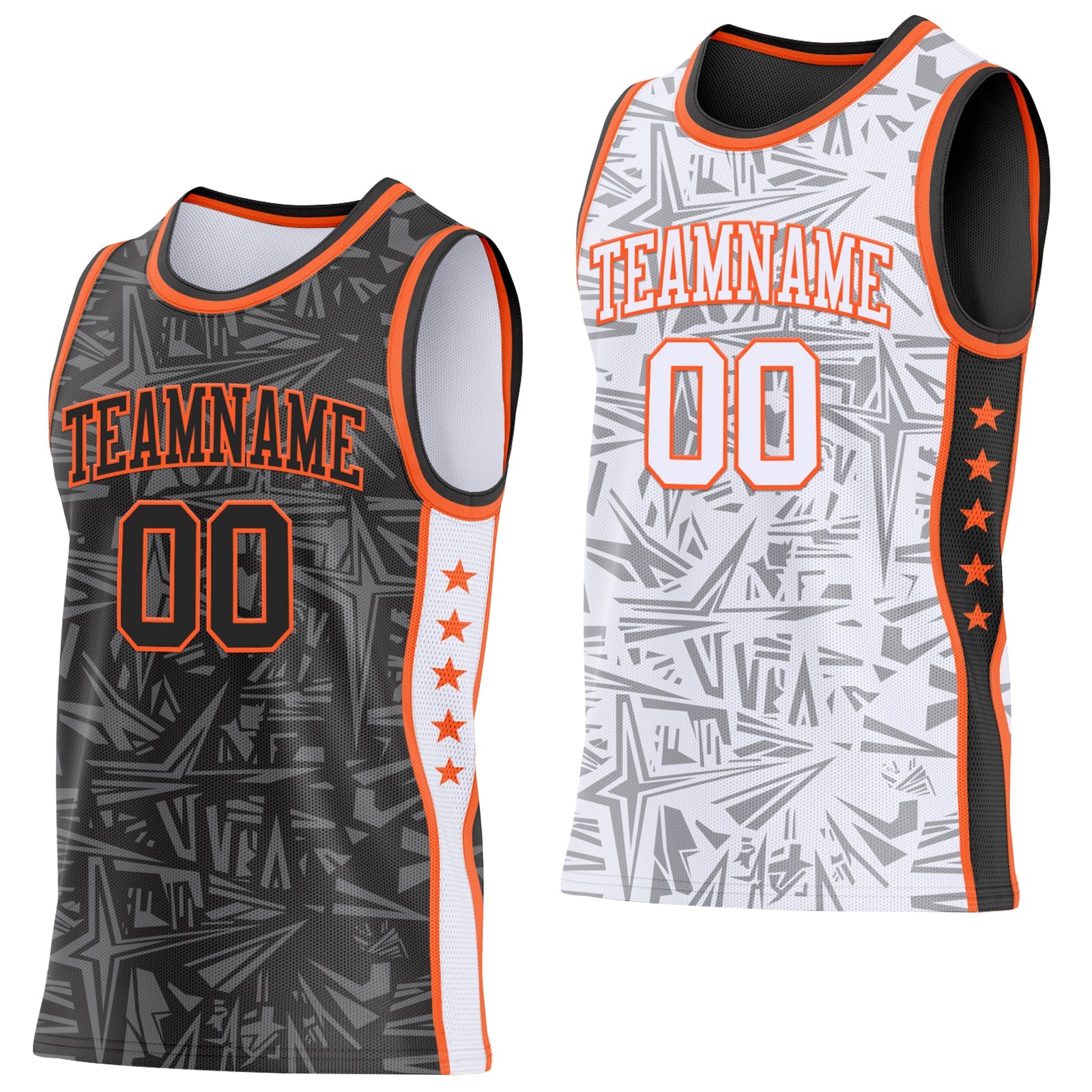 Custom Black Orange-White Side Panel Stripe Stars Geometric Shatter Starburst Reversible Double Side Sublimation Basketball Set Jersey - Main View