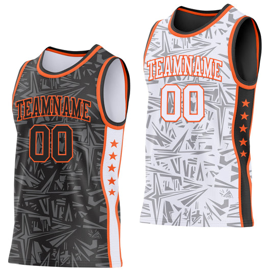 Custom Black Orange-White Side Panel Stripe Stars Geometric Shatter Starburst Reversible Double Side Sublimation Basketball Set Jersey - Main View