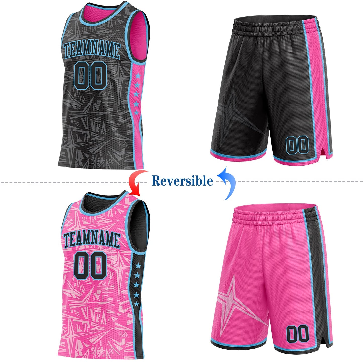 Custom Black Sky Blue-Pink Side Panel Stripe Stars Geometric Shatter Starburst Reversible Double Side Sublimation Basketball Set Jersey view 2