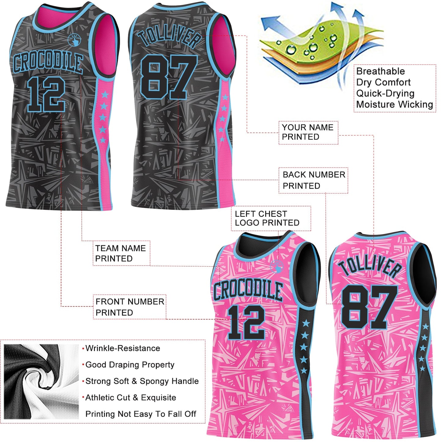 Custom Black Sky Blue-Pink Side Panel Stripe Stars Geometric Shatter Starburst Reversible Double Side Sublimation Basketball Set Jersey view 3