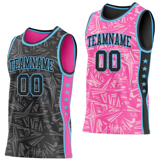 Custom Black Sky Blue-Pink Side Panel Stripe Stars Geometric Shatter Starburst Reversible Double Side Sublimation Basketball Set Jersey - Main View
