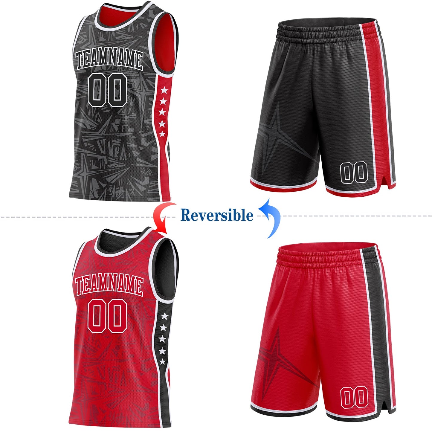 Custom Black White-Red Side Panel Stripe Stars Geometric Shatter Starburst Reversible Double Side Sublimation Basketball Set Jersey view 2