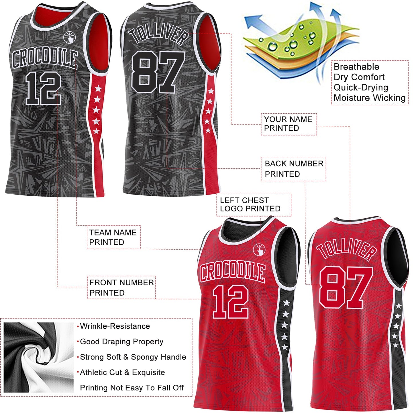Custom Black White-Red Side Panel Stripe Stars Geometric Shatter Starburst Reversible Double Side Sublimation Basketball Set Jersey view 3