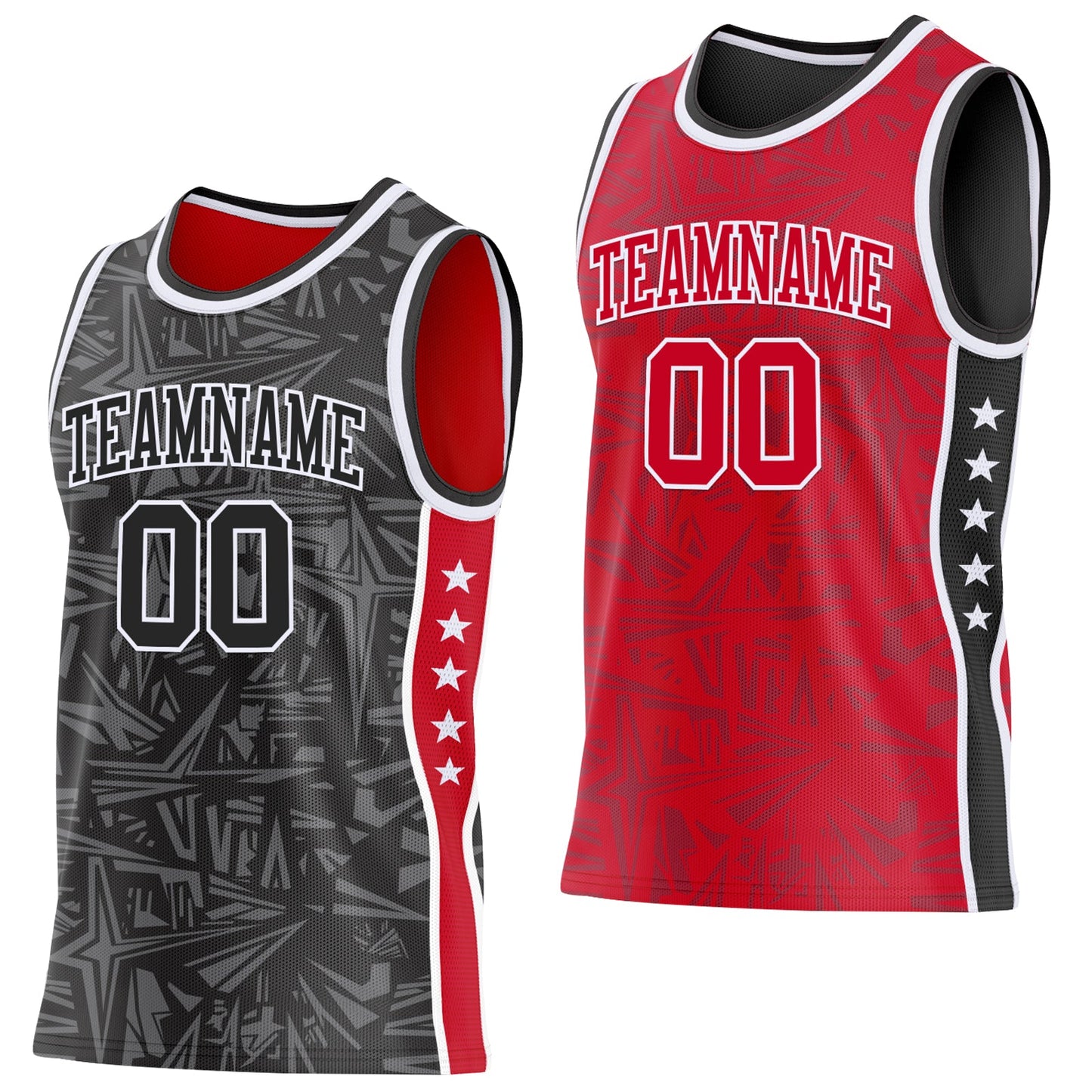 Custom Black White-Red Side Panel Stripe Stars Geometric Shatter Starburst Reversible Double Side Sublimation Basketball Set Jersey - Main View