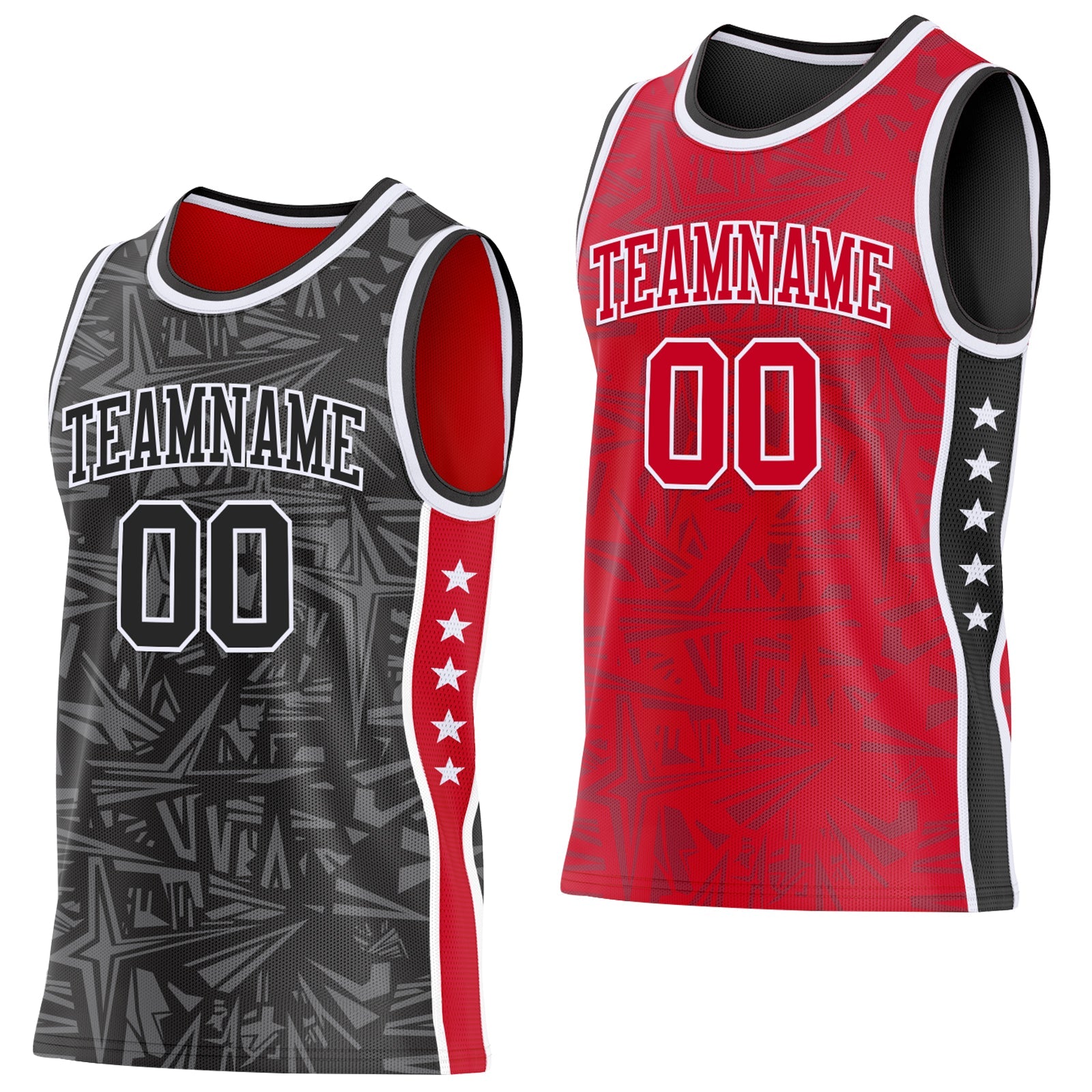 Custom Black White-Red Side Panel Stripe Stars Geometric Shatter Starburst Reversible Double Side Sublimation Basketball Set Jersey - Main View