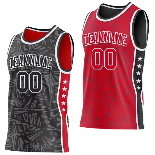 Custom Black White-Red Side Panel Stripe Stars Geometric Shatter Starburst Reversible Double Side Sublimation Basketball Set Jersey - Main View