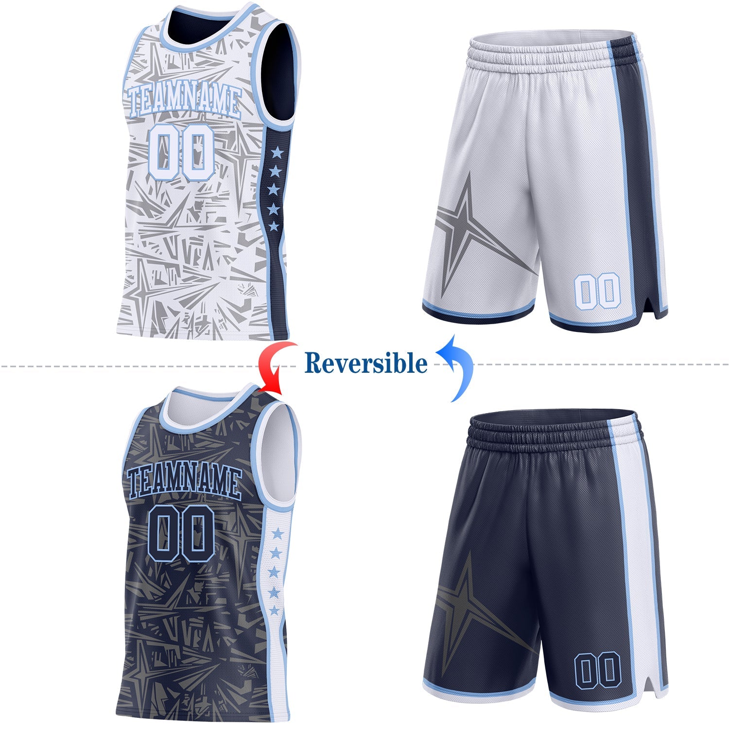Custom White Light Blue-Navy Side Panel Stripe Stars Geometric Shatter Starburst Reversible Double Side Sublimation Basketball Set Jersey view 2