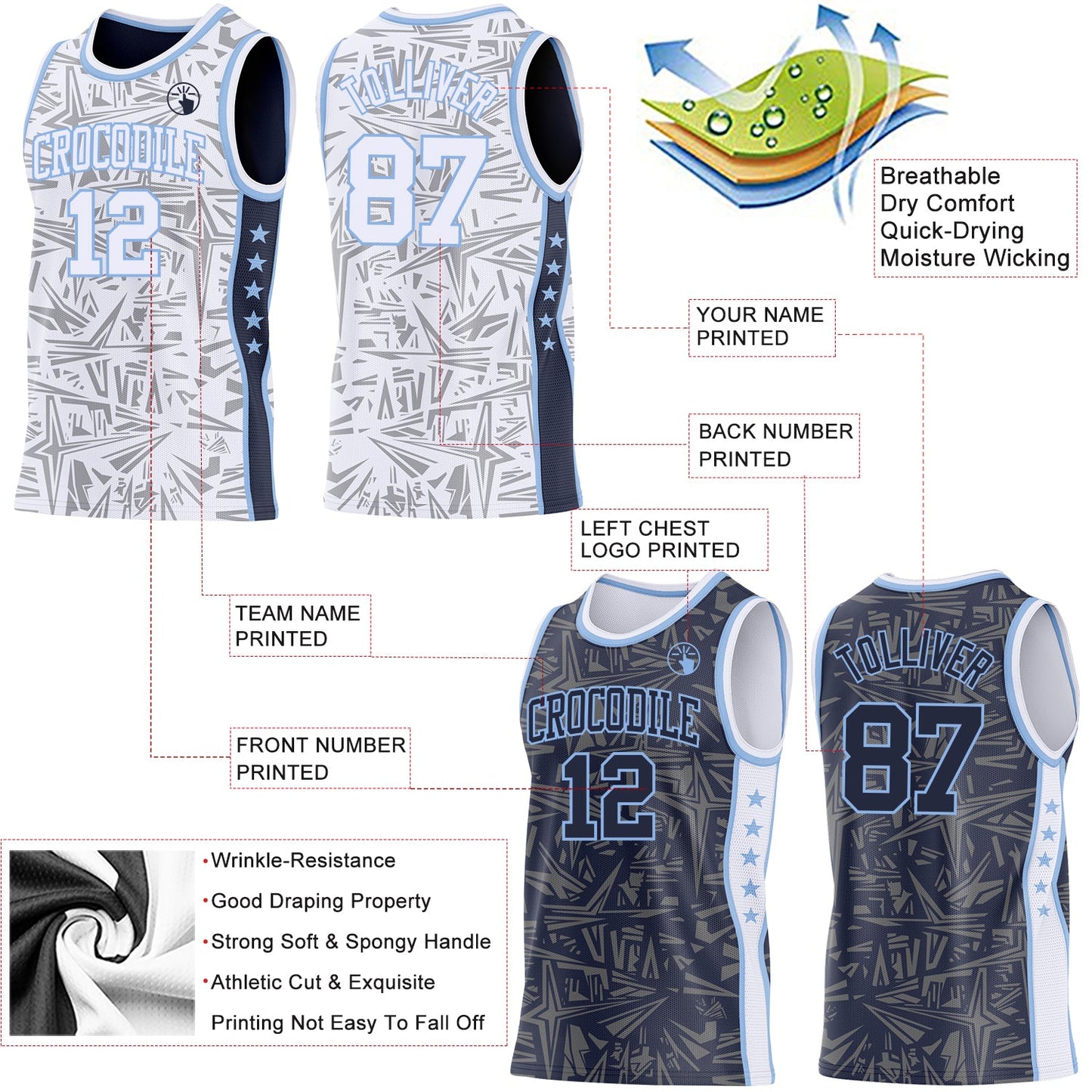 Custom White Light Blue-Navy Side Panel Stripe Stars Geometric Shatter Starburst Reversible Double Side Sublimation Basketball Set Jersey view 3