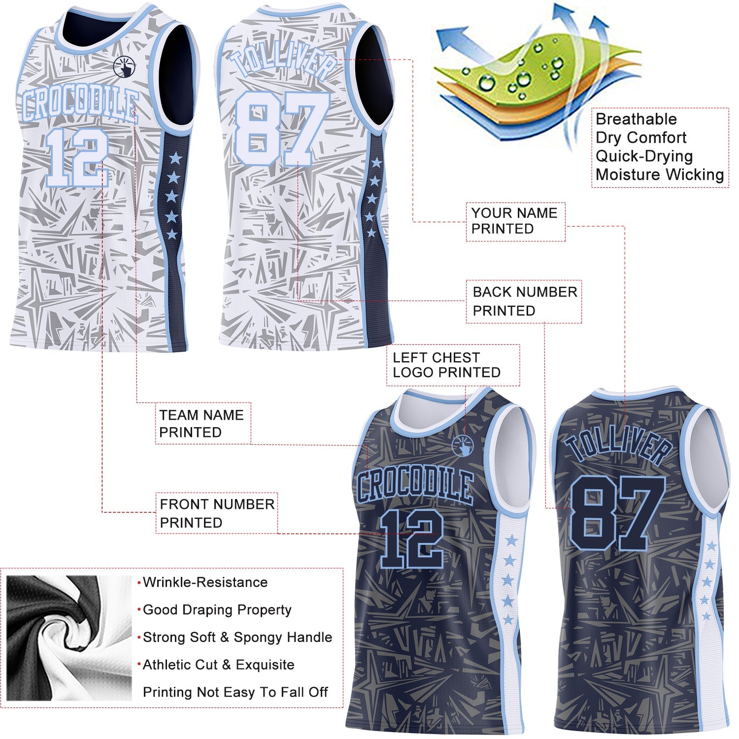 Custom White Light Blue-Navy Side Panel Stripe Stars Geometric Shatter Starburst Reversible Double Side Sublimation Basketball Set Jersey view 3