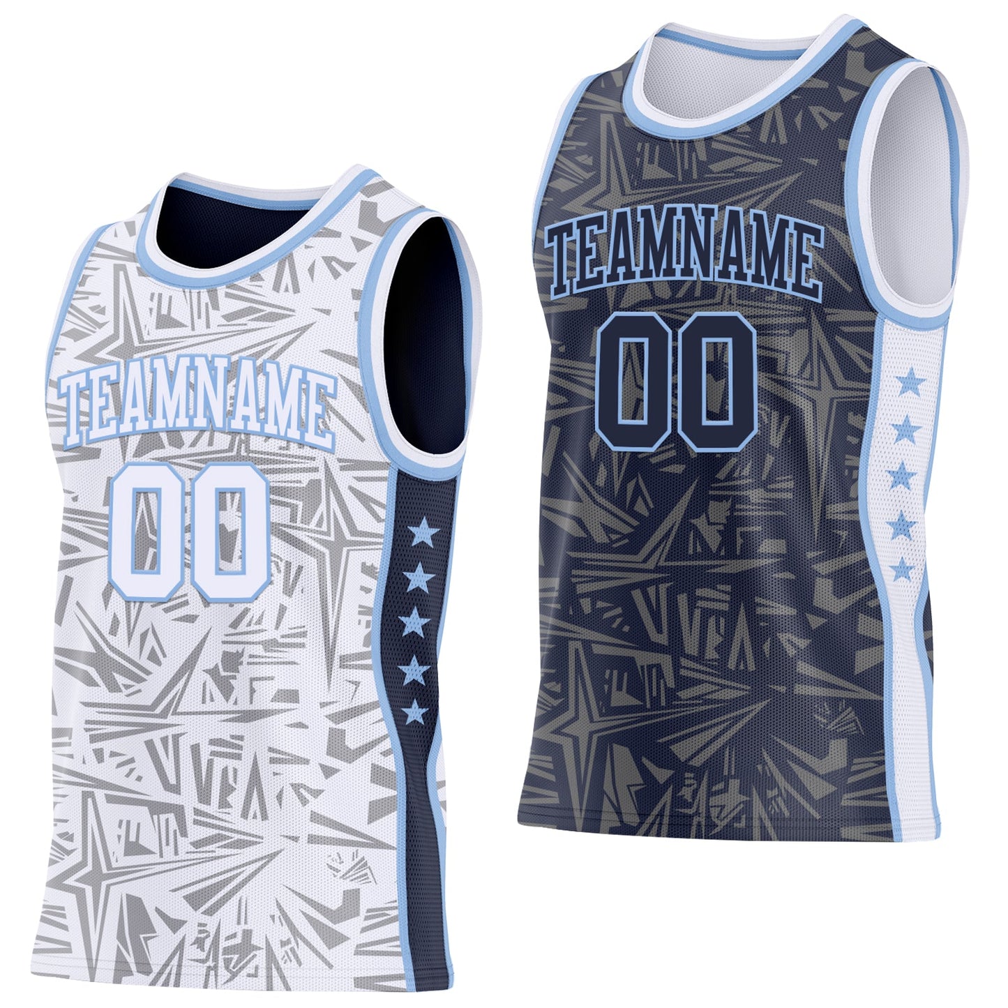 Custom White Light Blue-Navy Side Panel Stripe Stars Geometric Shatter Starburst Reversible Double Side Sublimation Basketball Set Jersey - Main View